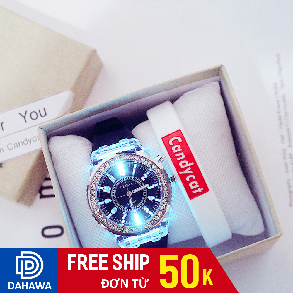 Đồng hồ cặp đôi unisex đèn led phát sáng 7 màu C119, dây cao su bền bỉ, máy chạy 3 kim, bảo hành 6 tháng