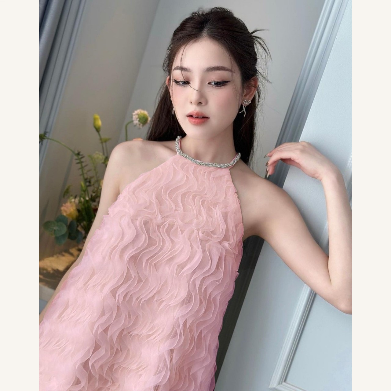 Váy kiểu nữ cổ yếm phối cổ đá dáng xòe Linly Store V-VPC4