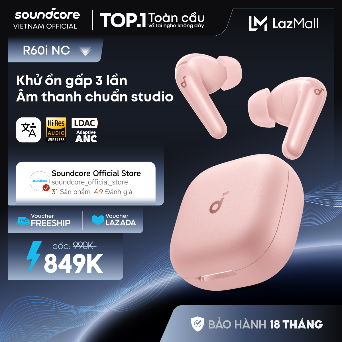 Tai nghe bluetooth khử ồn Soundcore R60i NC | Hires Audio| Chống ồn đến 52dB| Pin 50h | Phiên dịch