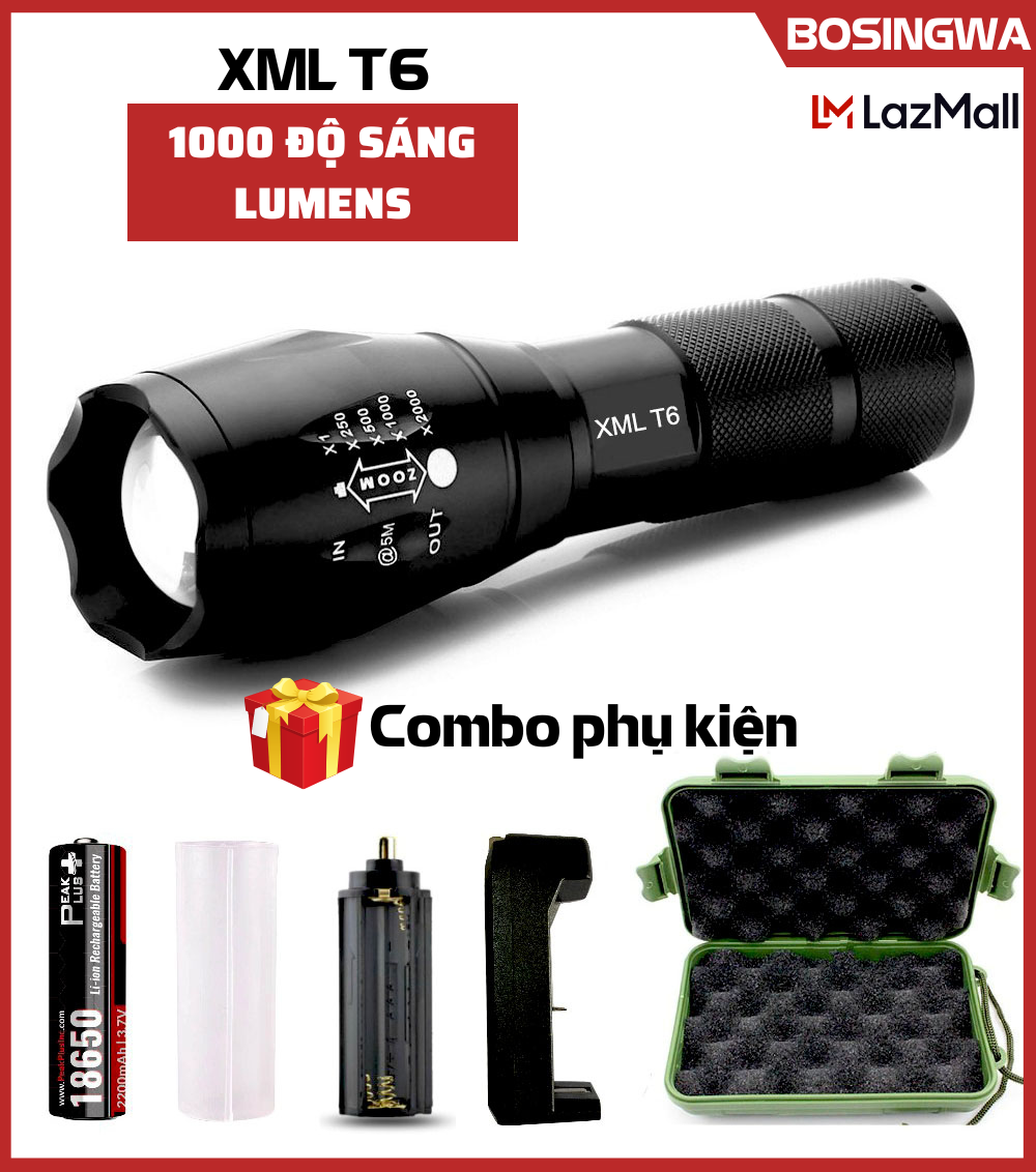 Đèn pin mini, đèn pin chiếu xa, đèn xml t6 - đèn pin chiếu sáng xml t6, siêu sáng, siêu xa, có 5 chế độ, chống nước, chống va đập mạnh - bảo hành 12 tháng