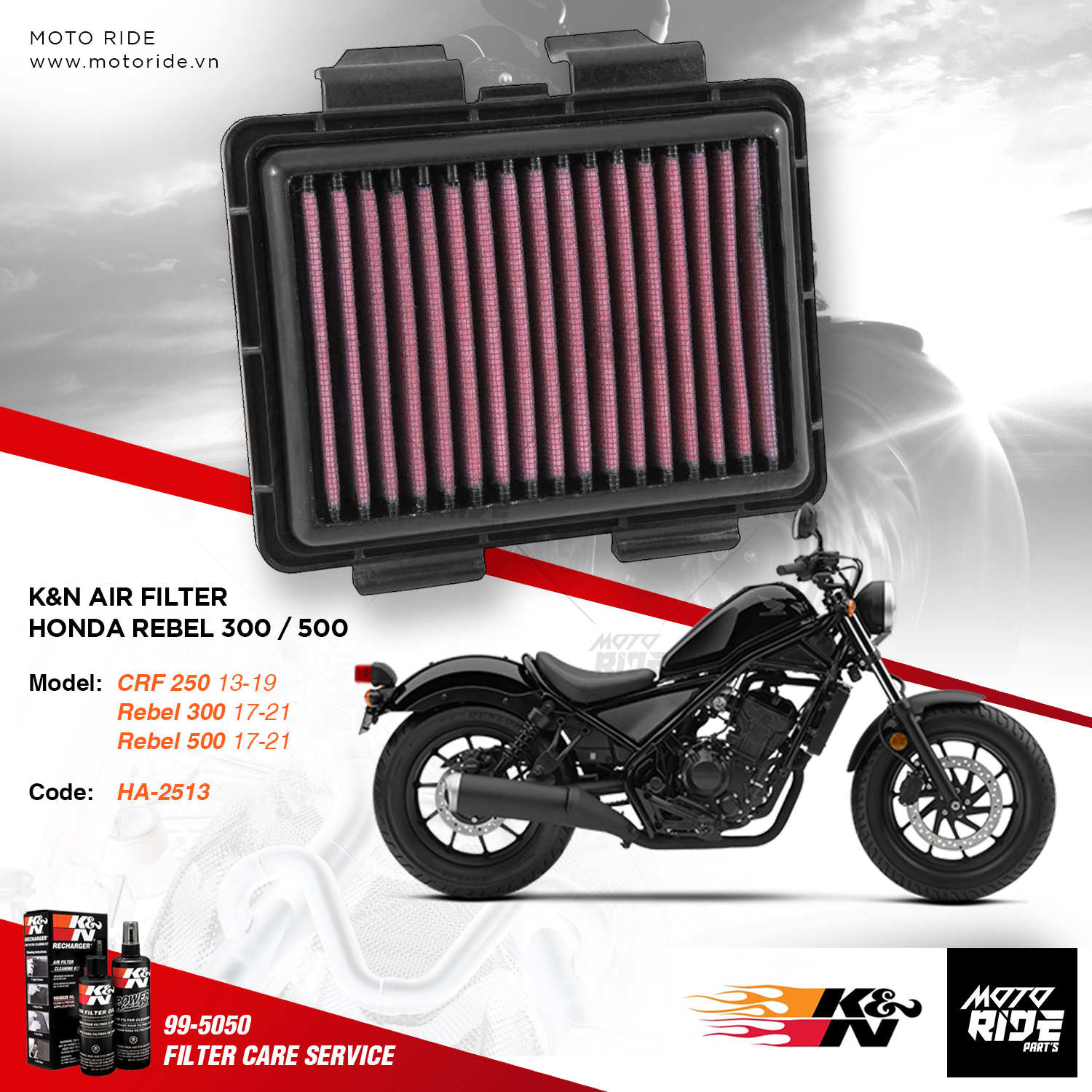 K&N HA-2513 LỌC GIÓ ĐỘ CHO HONDA REBEL 300 / REBEL 500