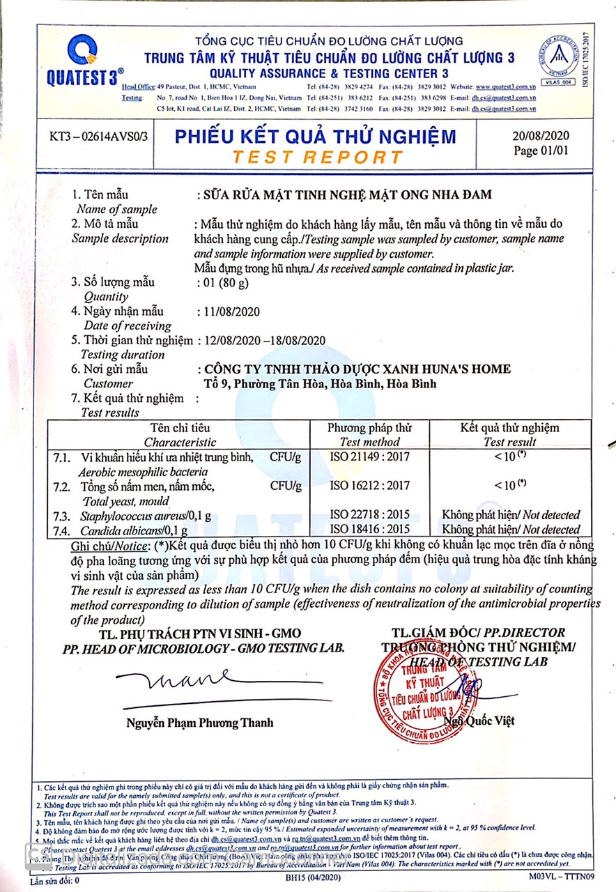 Sữa rửa mặt tinh nghệ mật ong Hunahome