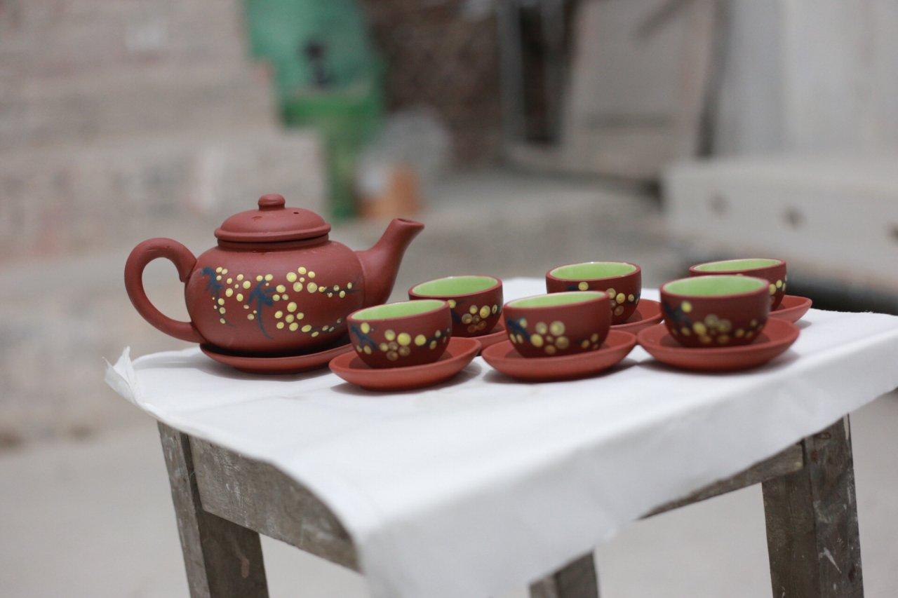 Bộ Ấm Chén Bộ Bình Trà- Đất Đỏ Hoa Mai Vàng