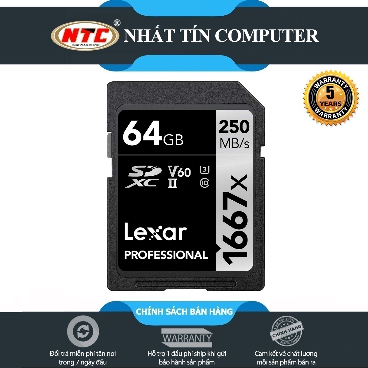 Thẻ nhớ Máy Ảnh SDXC Lexar Professional 64GB 1667x UHS-II U3 V60 Read 250MB/s / Write 120MB/s (Đen) - Nhất Tín Computer