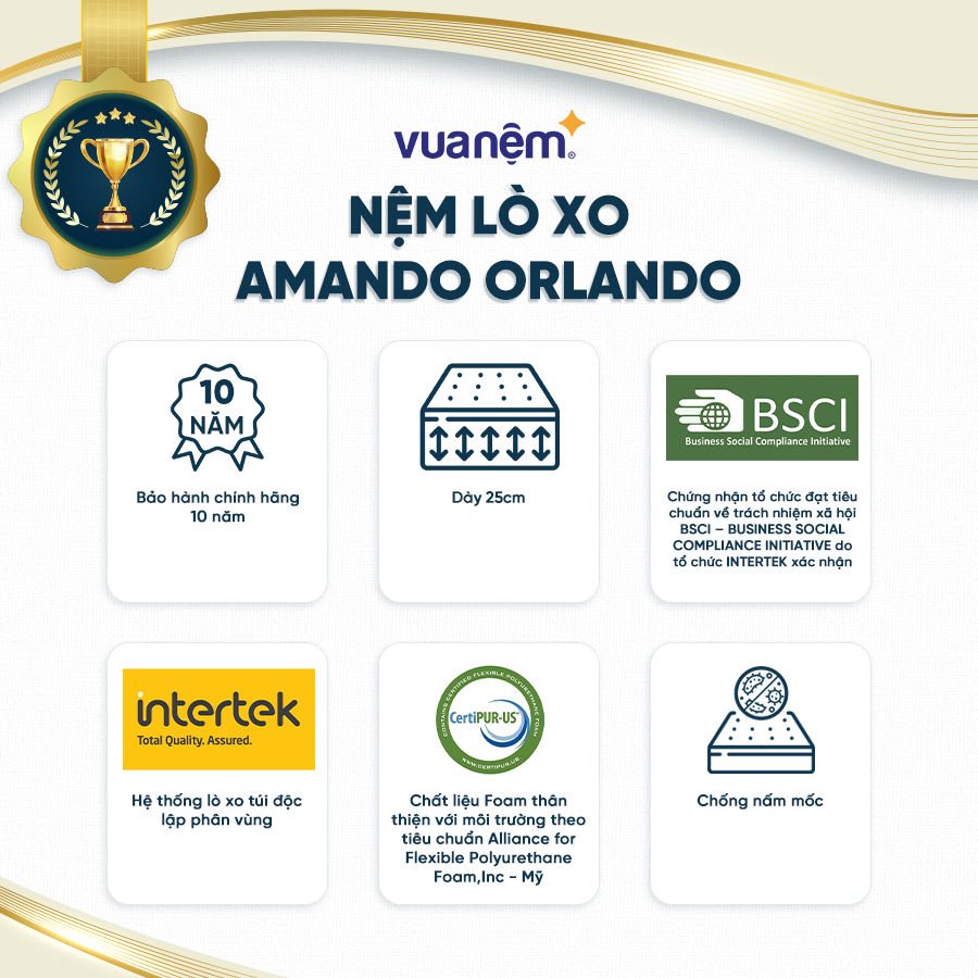 [FREESHIP + TRẢ GÓP 0Đ] Nệm lò xo Amando Orlando 25cm đủ size