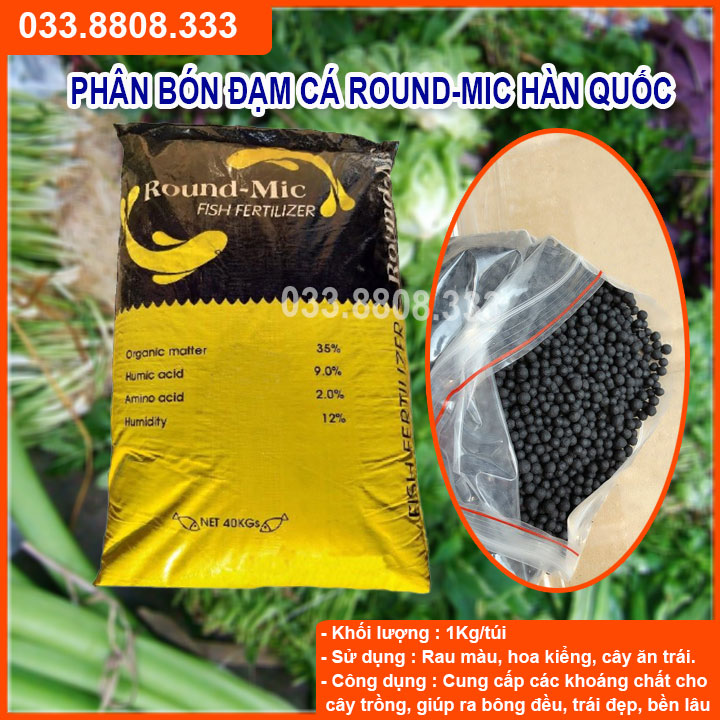 3kg Phân Bón Đạm Cá Hữu Cơ Hàn Quốc Round-Mic cung cấp khoáng chất giúp xanh lá mập cây,