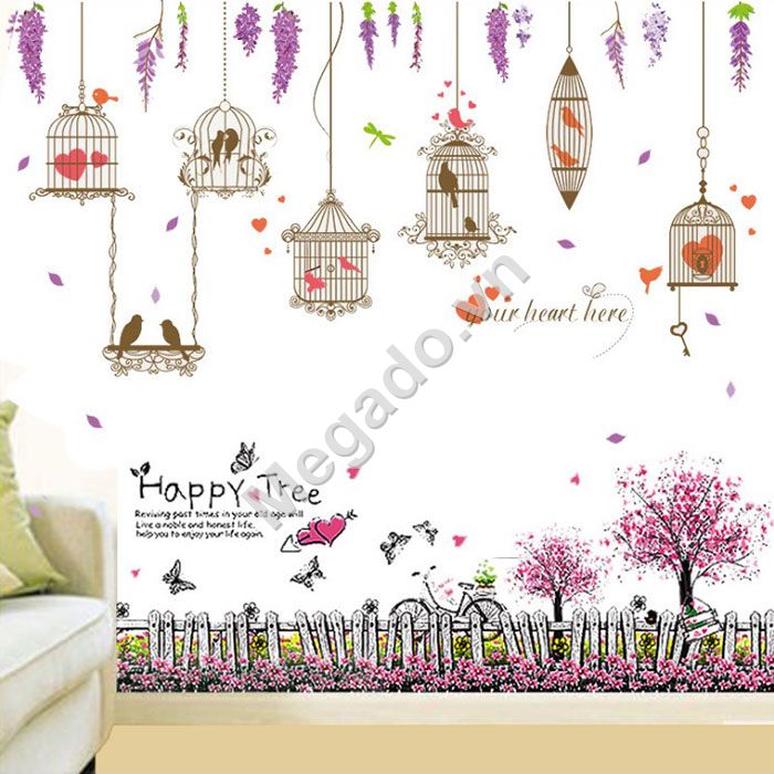 Decal dán tường lồng chim trái tim và hàng rào hồng