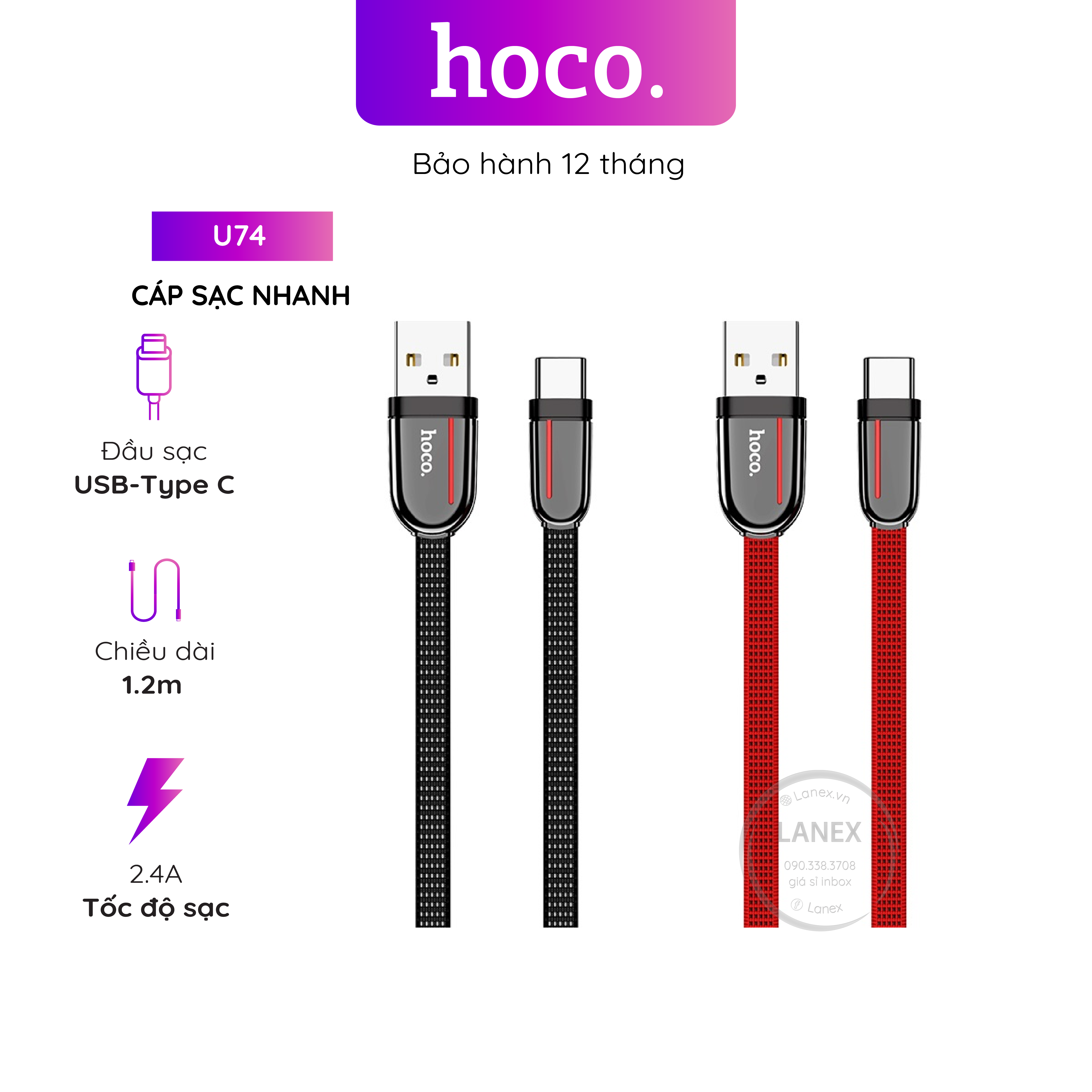 Cáp Sạc Nhanh Hoco U74 Dây Dù Type C 2.4a Dài 1.2m