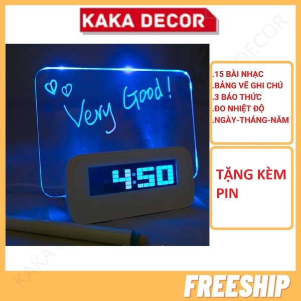 Đồng hồ để bàn, đồng hồ báo thức led đo nhiệt độ có bảng vẽ hình ghi chú sang trọng mẫu mới Kaka Decor
