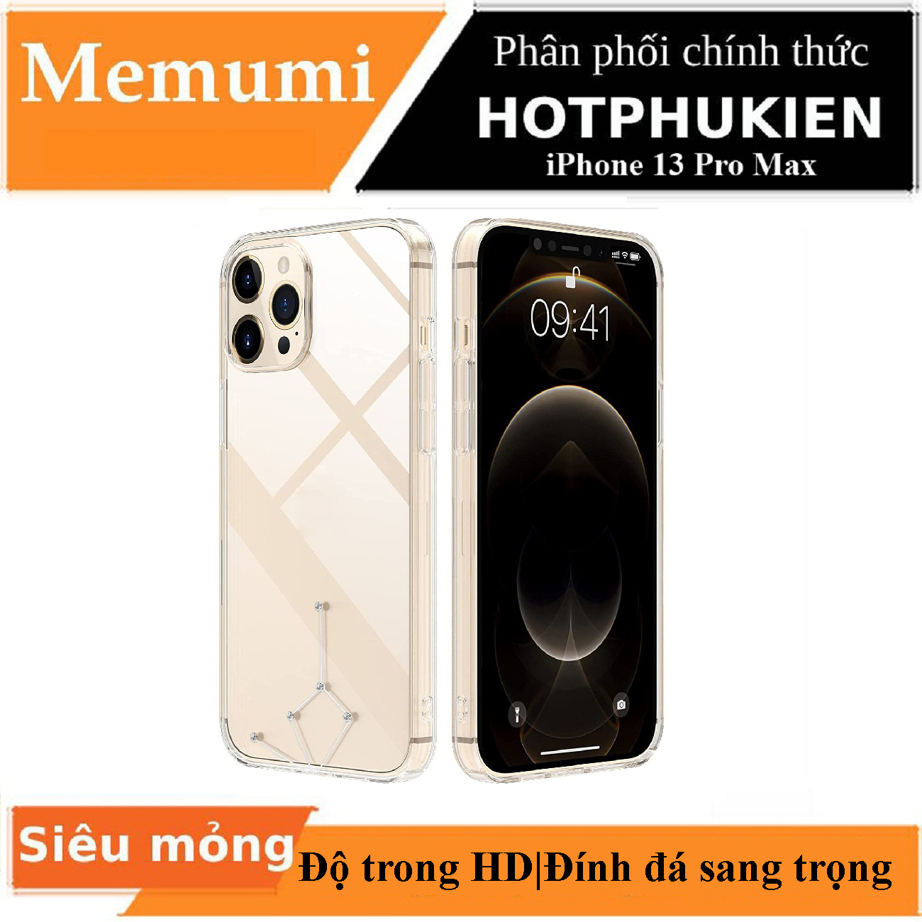 Ốp lưng chống sốc trong suốt đính đá swarovski cho iPhone 13 Pro Max hiệu Memumi Swarovski Crystal mỏng 1mm, chống va đập, gờ bảo vệ Camera, đính đá sang trọng - Phân phối bởi Hotphukien