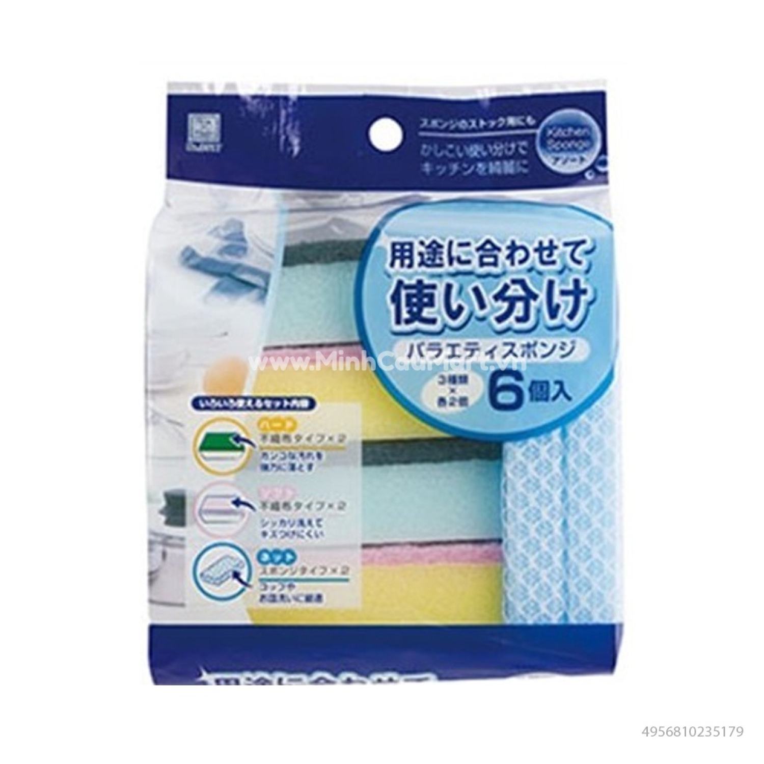 Set 6 Miếng Mút Rửa Chén Bát (Dạng Lưới + Miếng Bọt Biển) Nội Địa Nhật Bản - KJ HOME