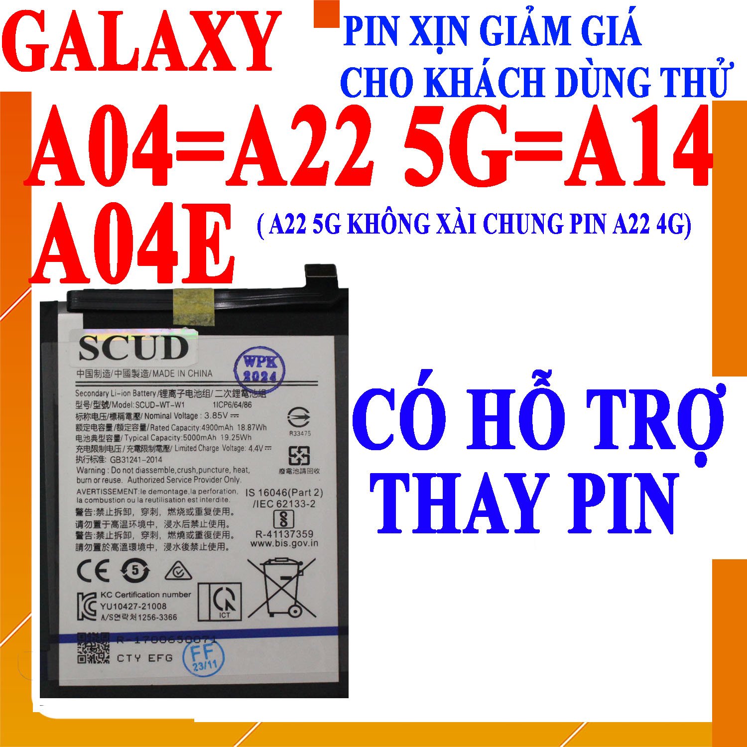 Pin Scud cho Samsung Galaxy A04/Galaxy A22 5G/Galaxy A14/Galaxy A04E dung lượng 5000mAh