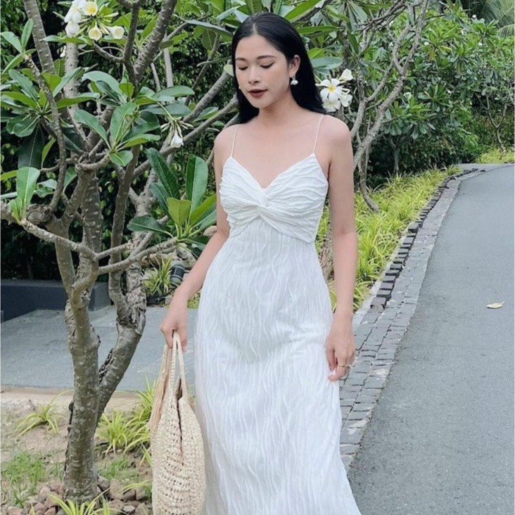 Đầm maxi vân sóng 2 dây đi biển, Váy basic 2 dây dáng suông HTD393