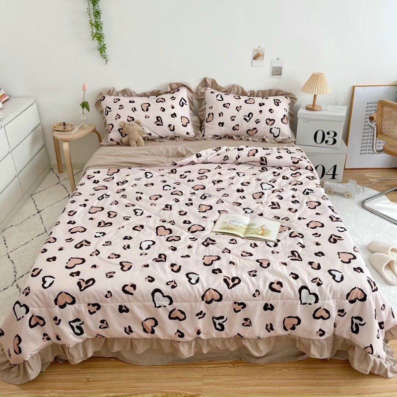 Bộ chăn ga gối cotton đũi tim nhí nâu be