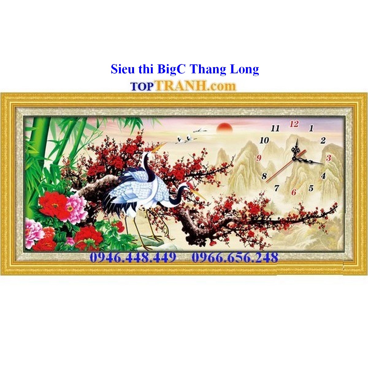 Tranh thêu chữ thập đồng hồ hạc và hoa đào đỏ A1171