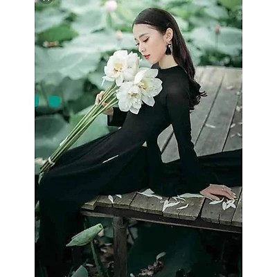 Bộ áo dài truyền thống đen trơn cổ trụ tay lỡ cao cấp