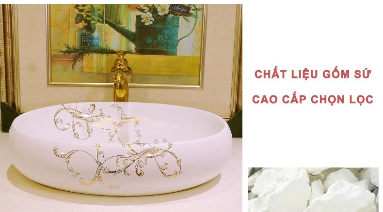 Chậu rửa lavabo gốm sứ cao cấp LAV0052 – Họa tiết dây leo mạ vàng