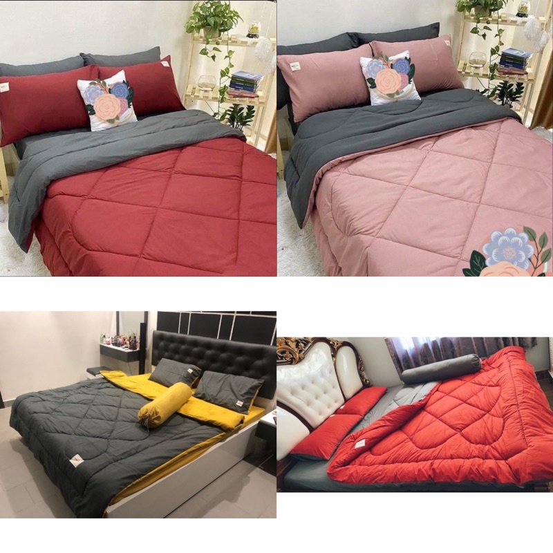Bộ chăn phao trần bông dày êm và ga gối cotton tici phối màu trơn cao cấp