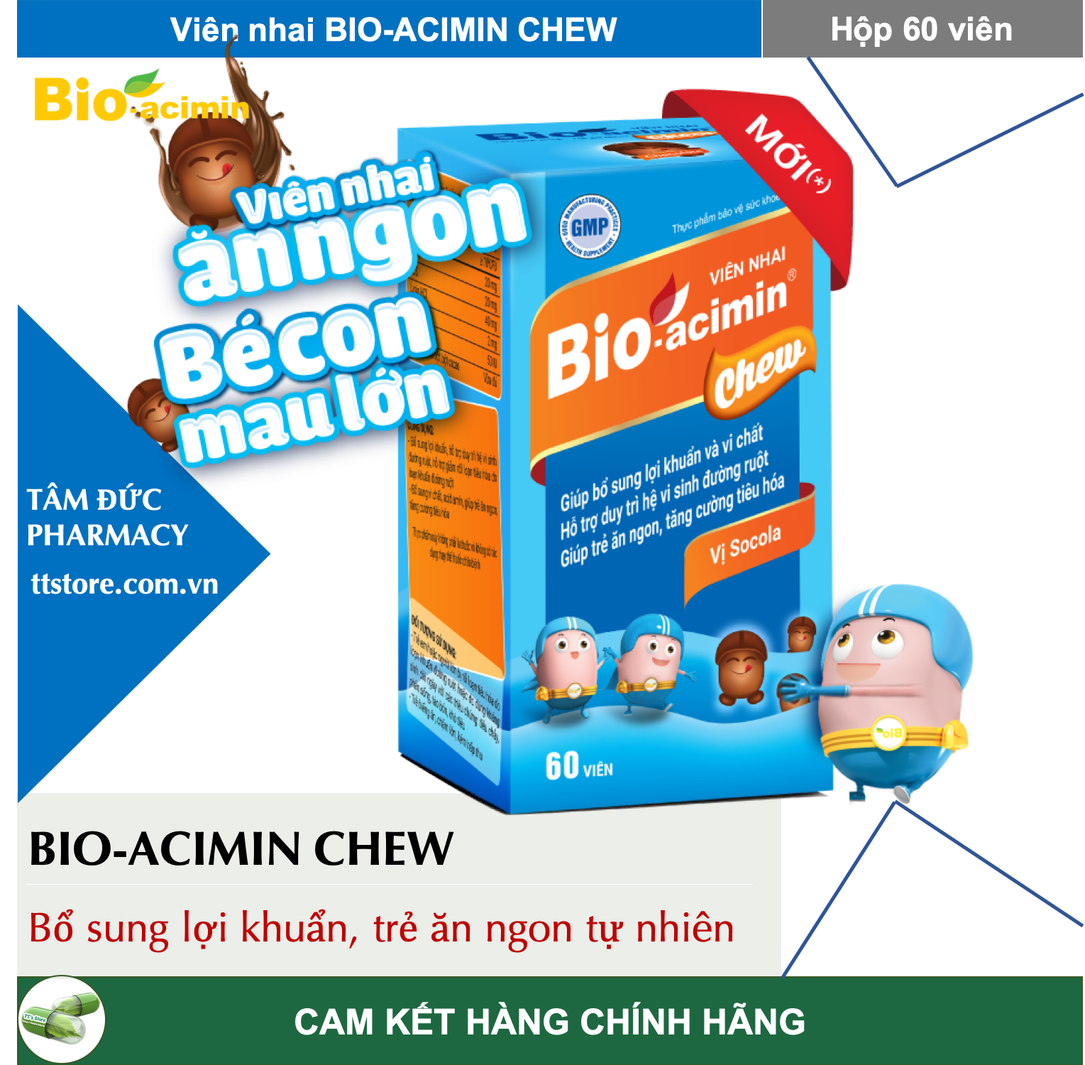 [HCM]Viên nhai BIO-ACIMIN CHEW vị chocolate [Hộp 60 viên] - Bổ sung men vi sinh bé ăn ngon - Bioacimin gold