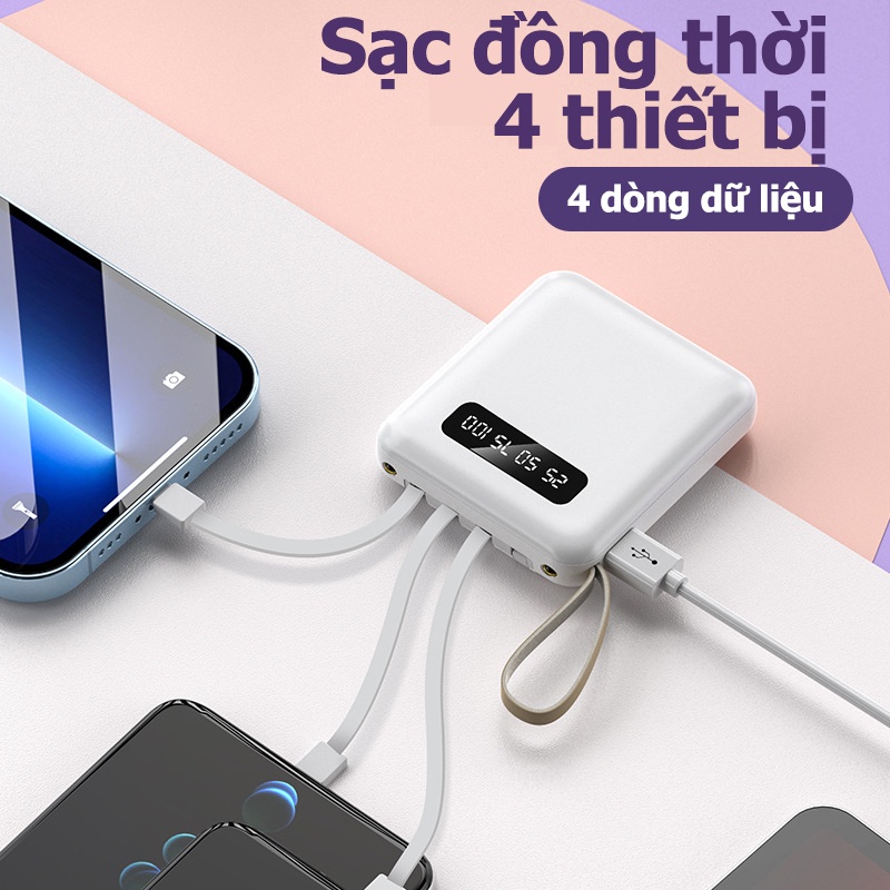 Cục sạc dự phòng 20000mAh mini cầm tay cao cấp tích hợp 4 đầu sạc và đèn chiếu sáng -Sạc dự phòng 20000mAh,Đi kèm với bốn dây có thể tháo rời,sạc siêu nhanh,Pin lithium-ion polymer, sạc an toàn