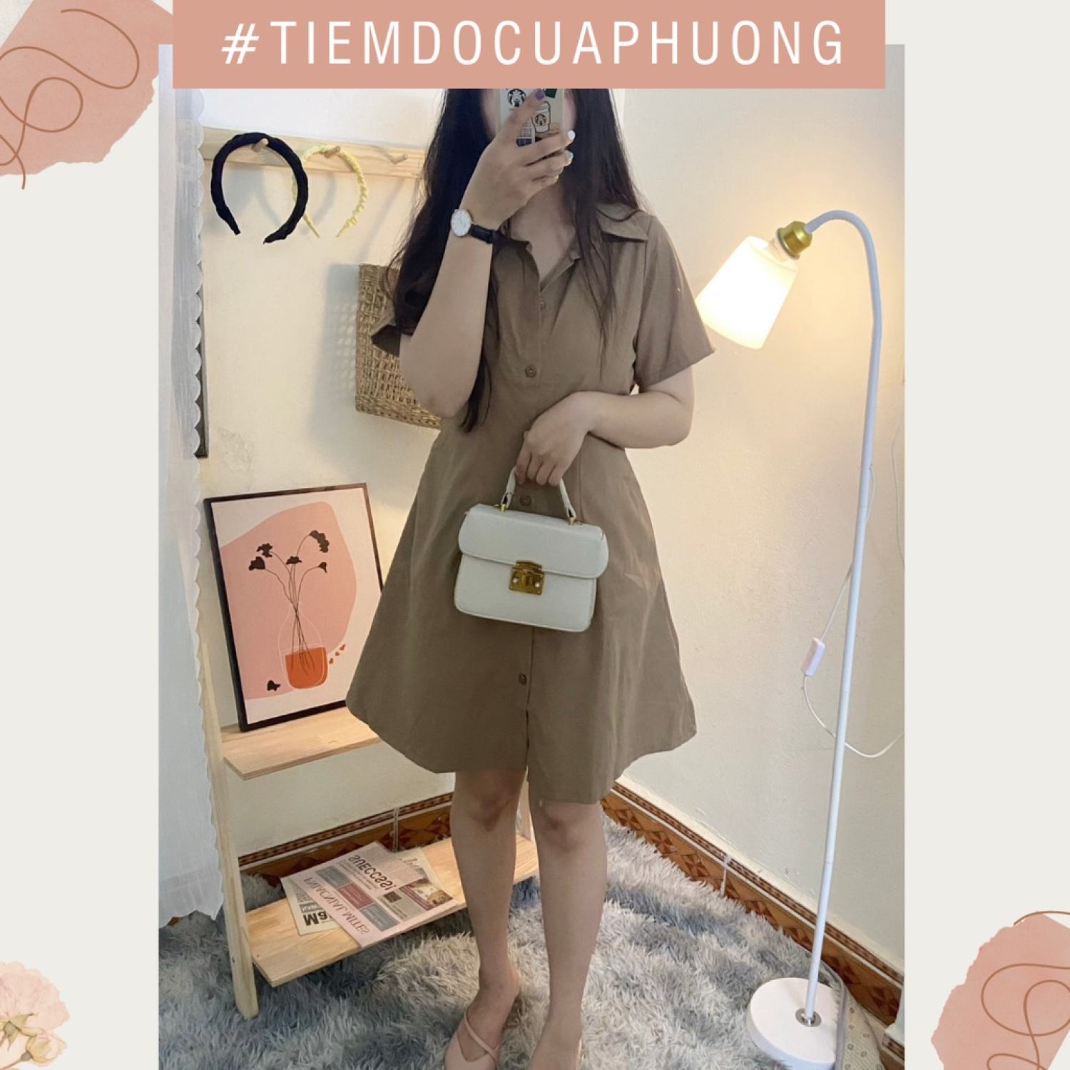 Váy/đầm sơ mi dáng suông chất kaki mềm có chun lưng