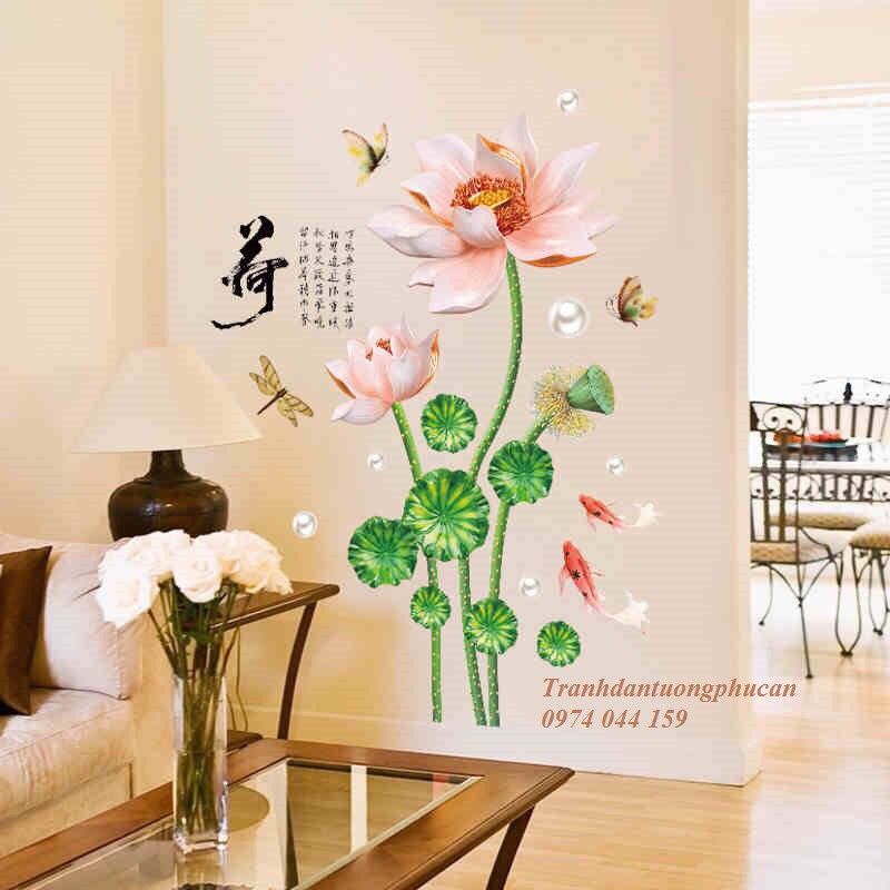 Decal dán tường 3D hoa sen hồng