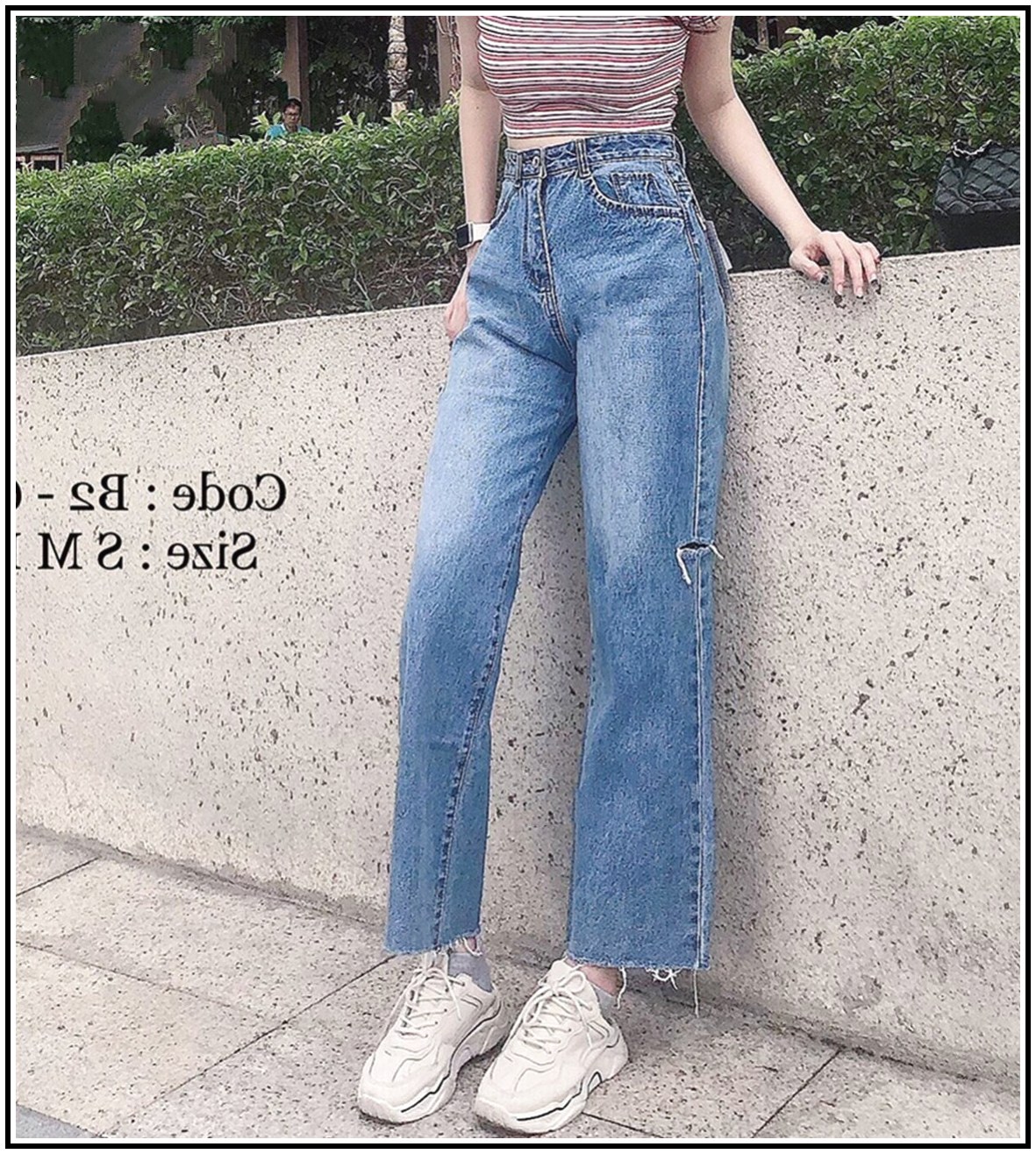 Quần jean nữ ống suôn BG tua lai cắt hai hông cao thấp siêu hot 4