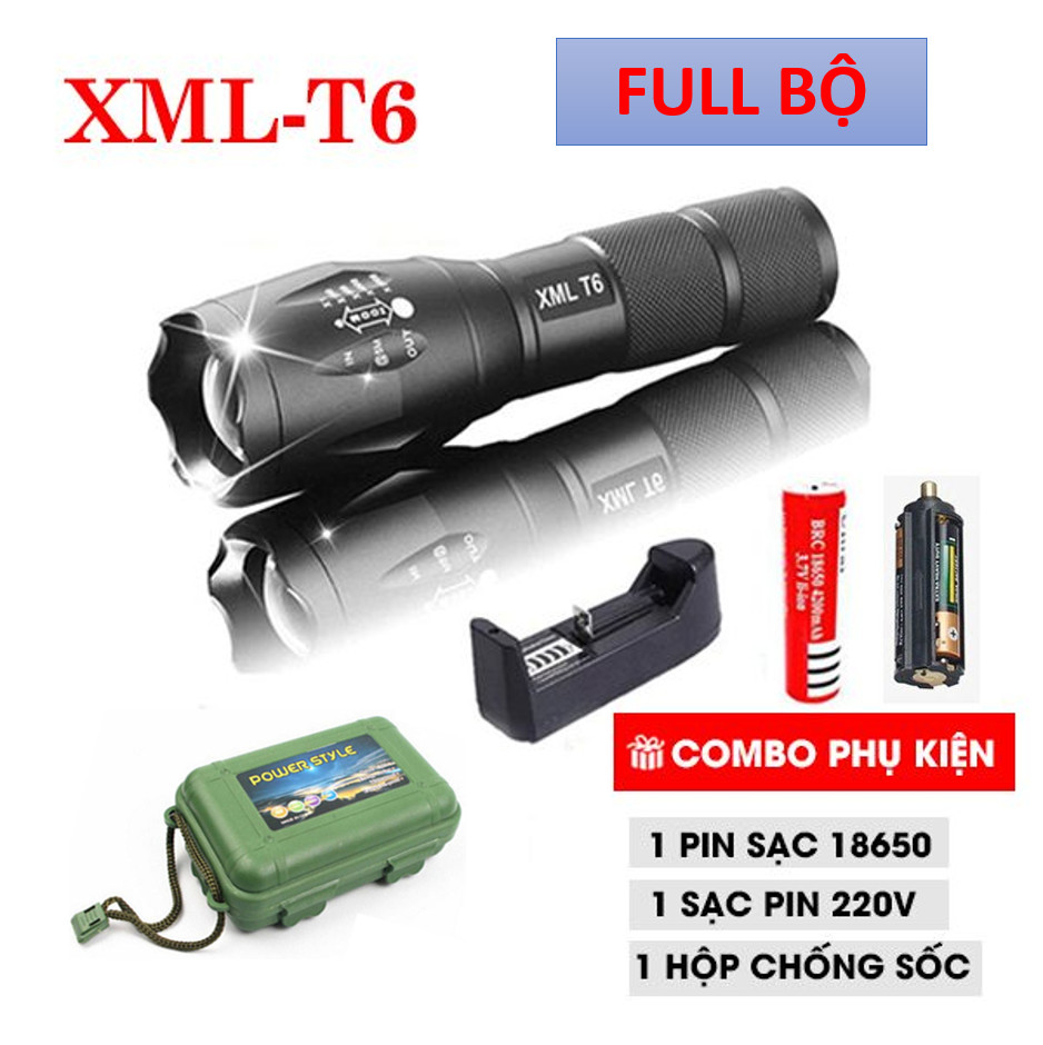 Bộ Đèn pin Police AMY XML-T6 MỚI, Đèn pin siêu sáng 5 chế độ chiếu xa trăm mét