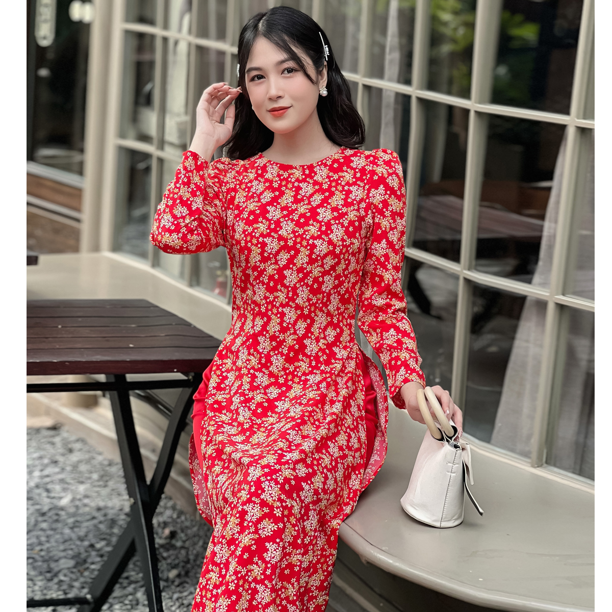 Áo dài hoa nhí tay phồng ad028 - khánh linh style - lady fashion