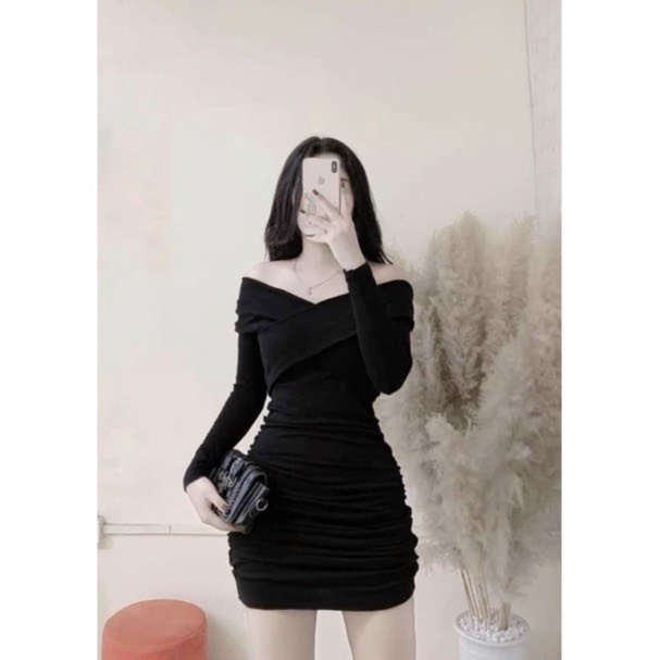Đầm body đen trễ vai tay dài nhún sườn quyến rủ sang chảnh nt7103