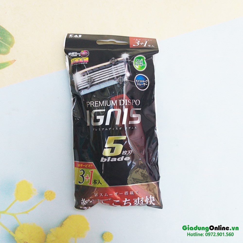 Set 3 Dao Cạo Râu 5 Lưỡi Kép Ignis Kai Cán Đỏ Hàng Nhật