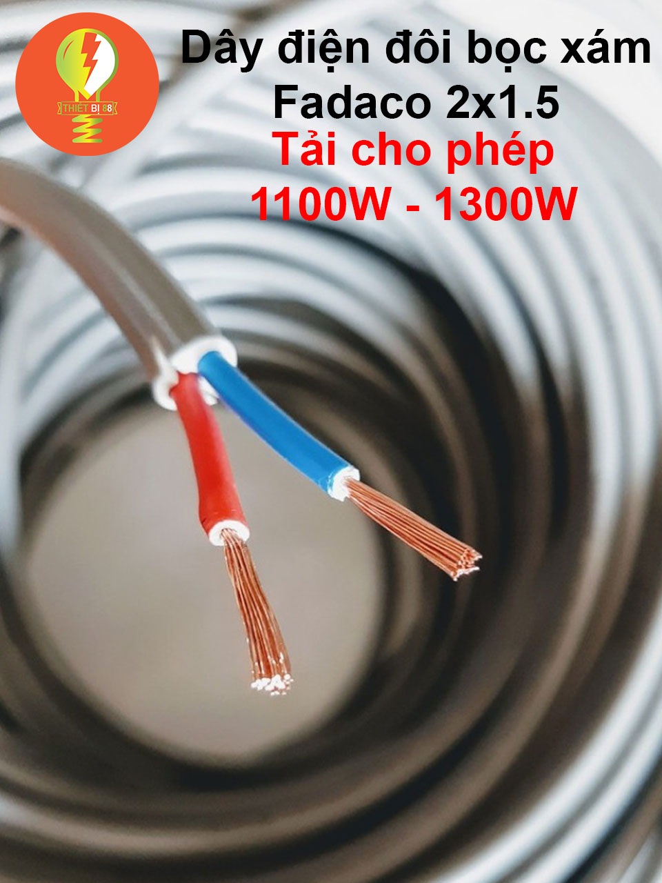 Dây điện 2 lõi 2x1.5 tròn xám, lõi đồng, dây mềm fadaco 10m 15m 20m 25m 30m 40m