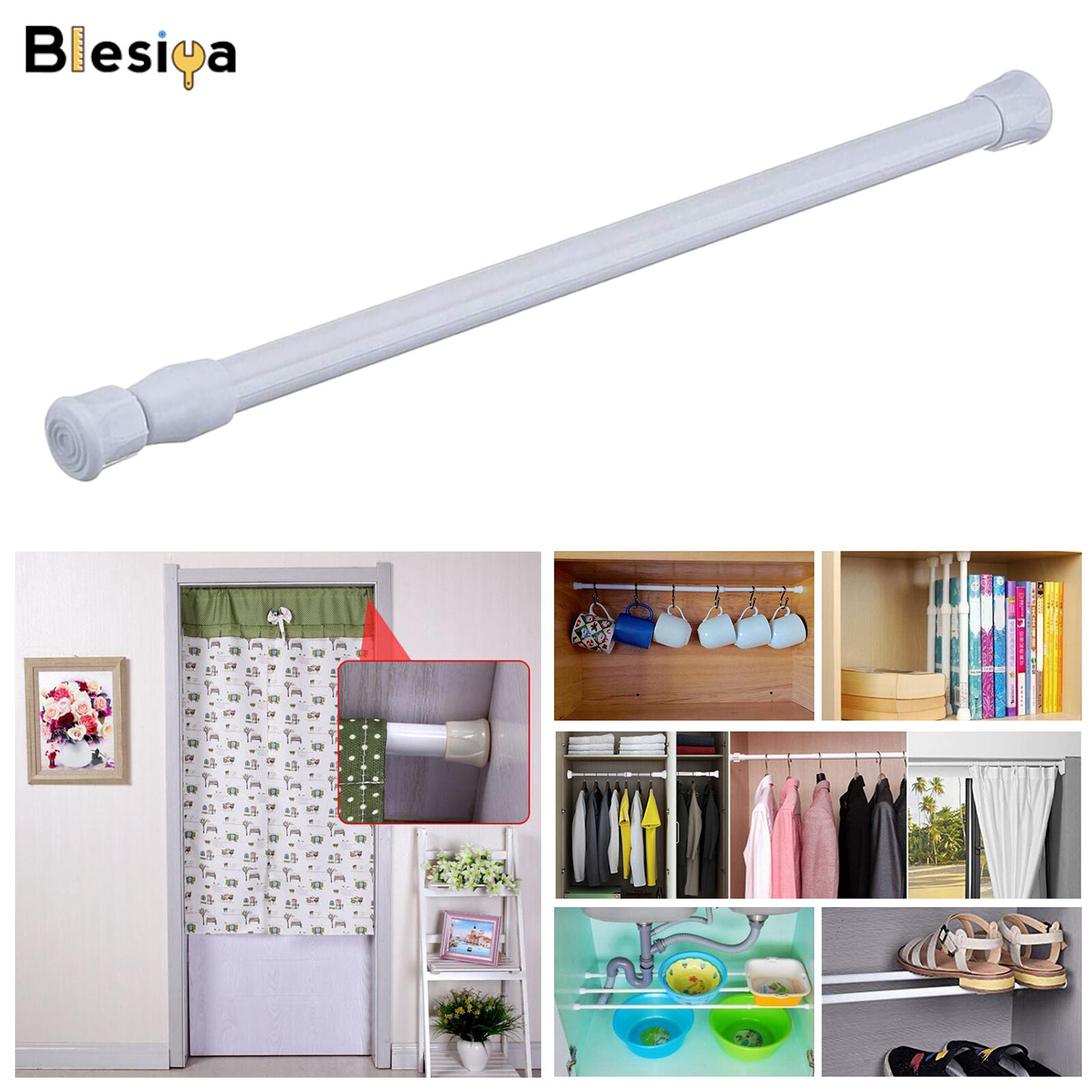Blesiya Telescoping Curtain Rods Metal Pole for Cupboard Utensils Cabinet White