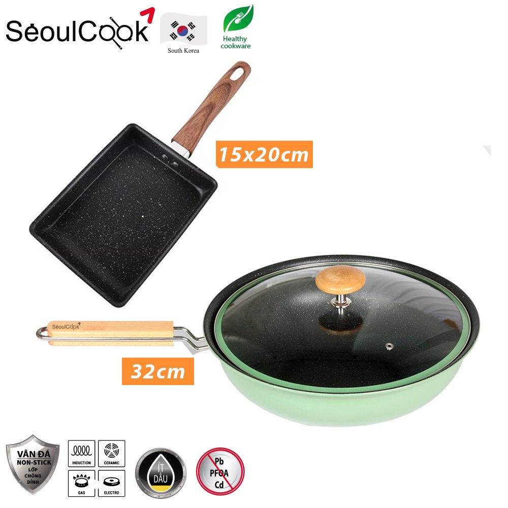 [Hoàn tiền 20%] Bộ 2 chảo SL5, chảo sâu lòng 32cm + chảo vuông 15x20cm Seoulcook Hàn Quốc, dùng cho bếp gas, hồng ngoại