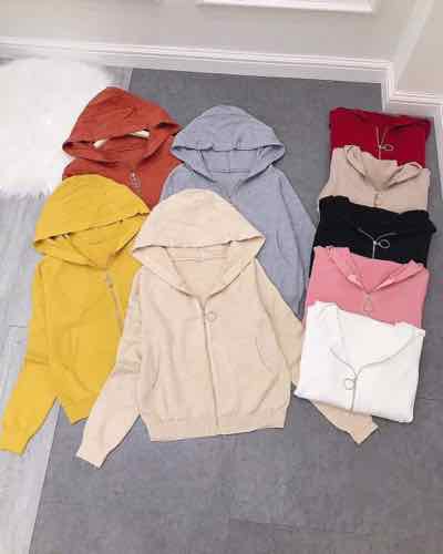 Áo khoác len cardigan nữ phối nón có dây kéo tròn