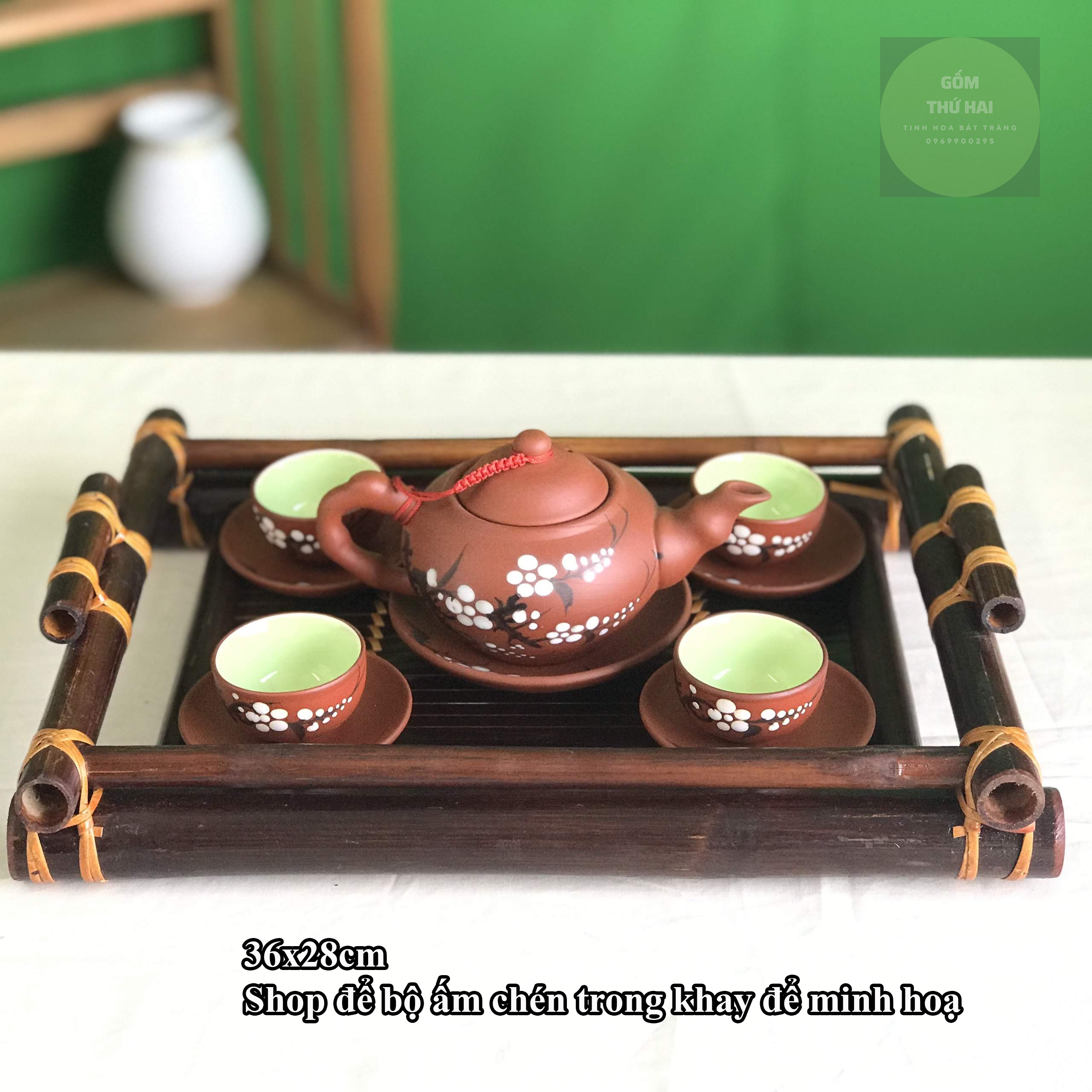 Khay đựng bộ ấm chén uống trà Bát Tràng chất liệu tre