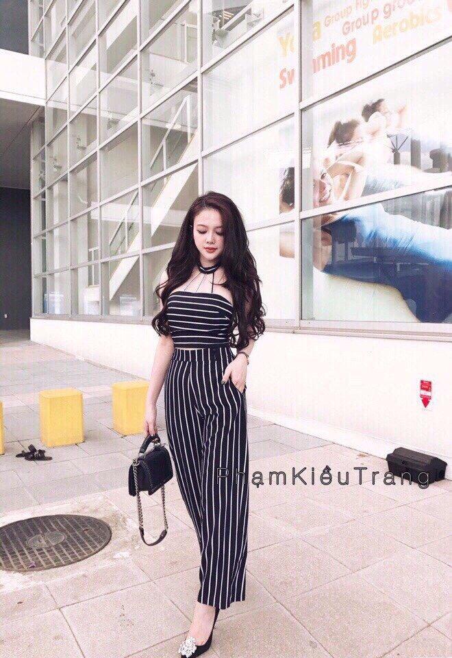 Sét bộ dài quần ống rộng phối sọc trắng đen cá tính TTS0241