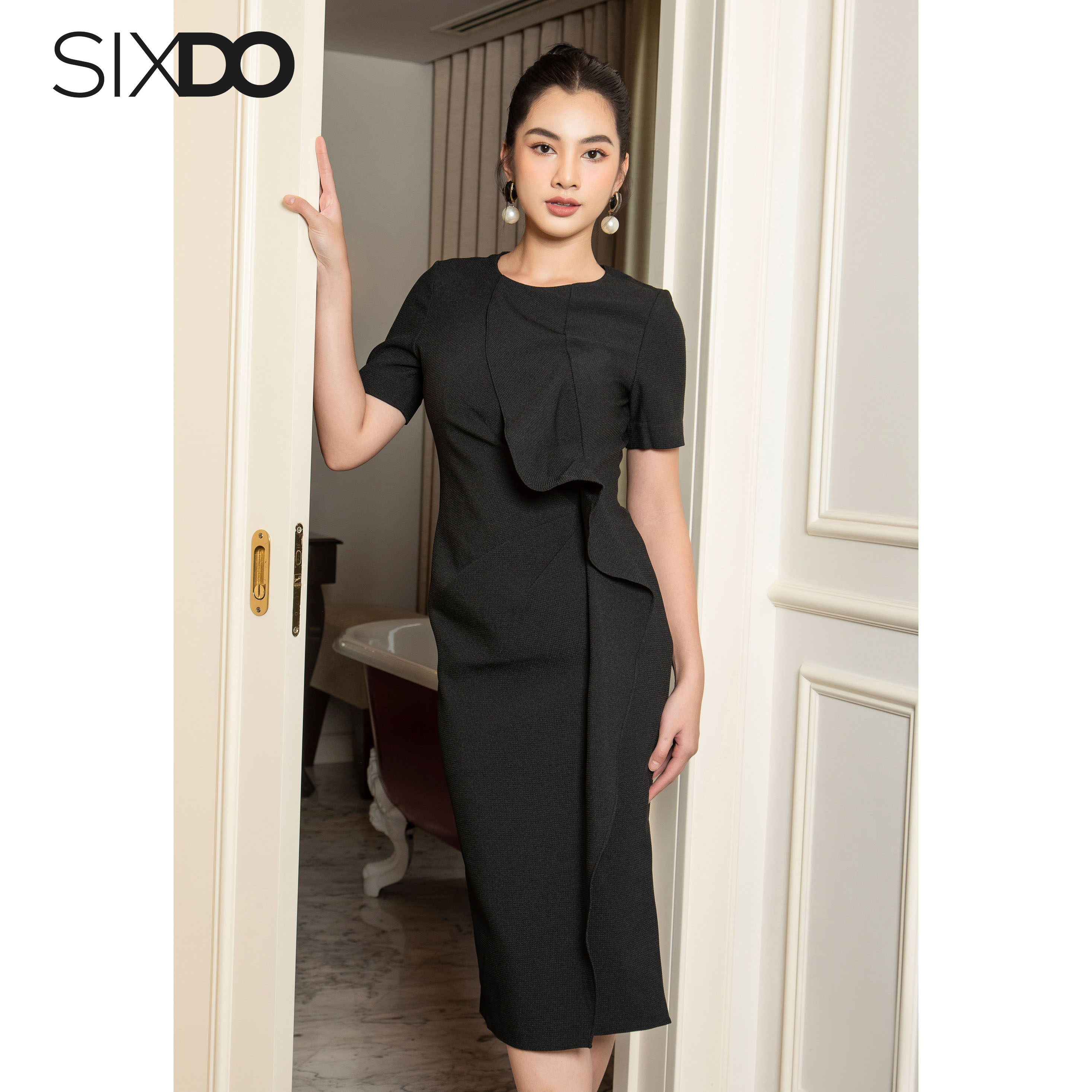 Đầm đen ngắn tay phối bèo thanh lịch SIXDO (Black Sheath Midi Raw Dress)