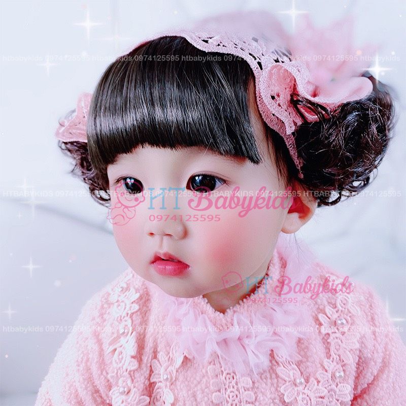 Băng Đô Tóc Giả Ren Hồng - Kèm Tóc Mái Cho Bé