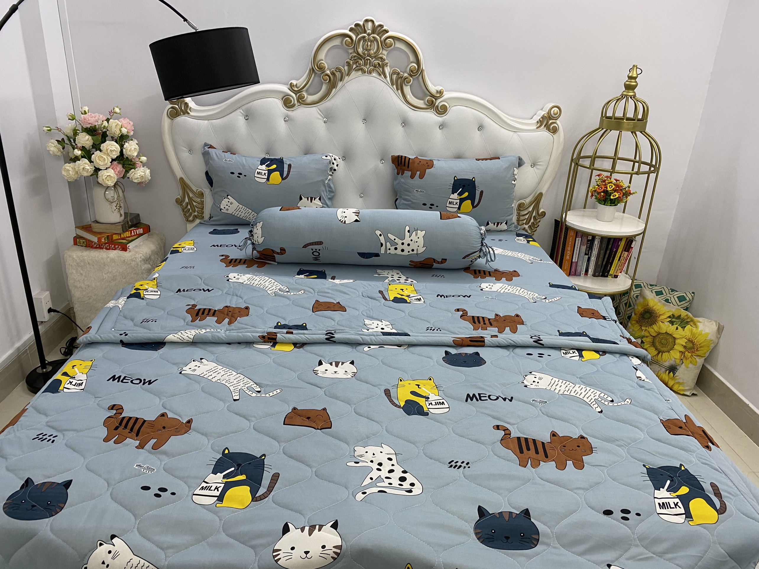 Bộ Drap thun Hàn Quốc loại 1 có mền 5 món ( 1 drap + 1 chăn chần bông + 3 áo gối)