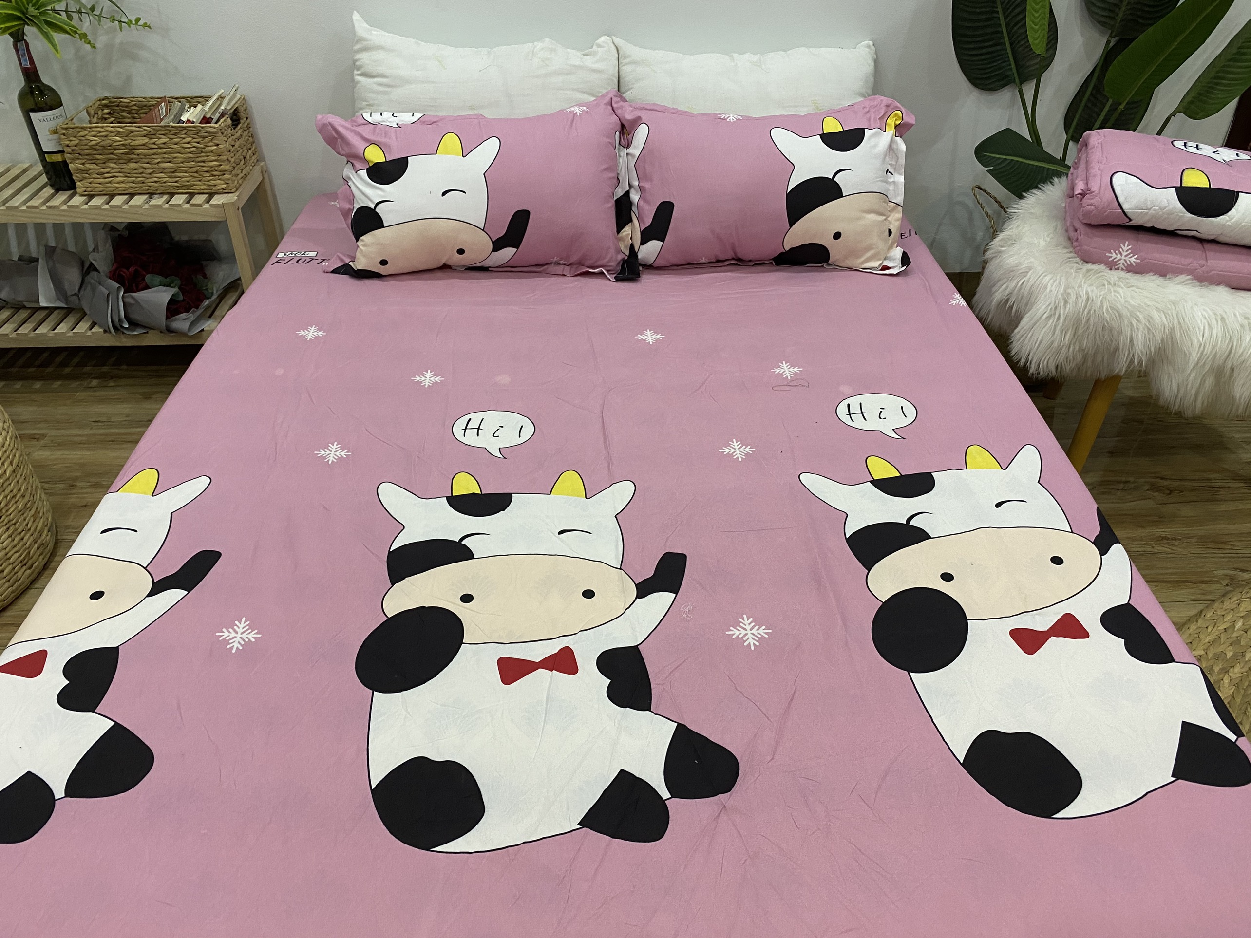 Set Ga Gối Mẫu Bò Sữa Hồng CHM29