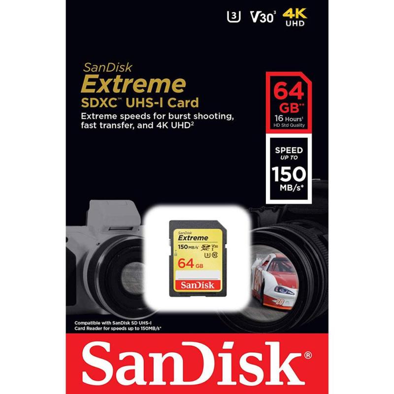 Thẻ nhớ SDXC SanDisk Extreme 64GB V30 UHS-I U3 4K 150MB/s - Model 2019 (Vàng)