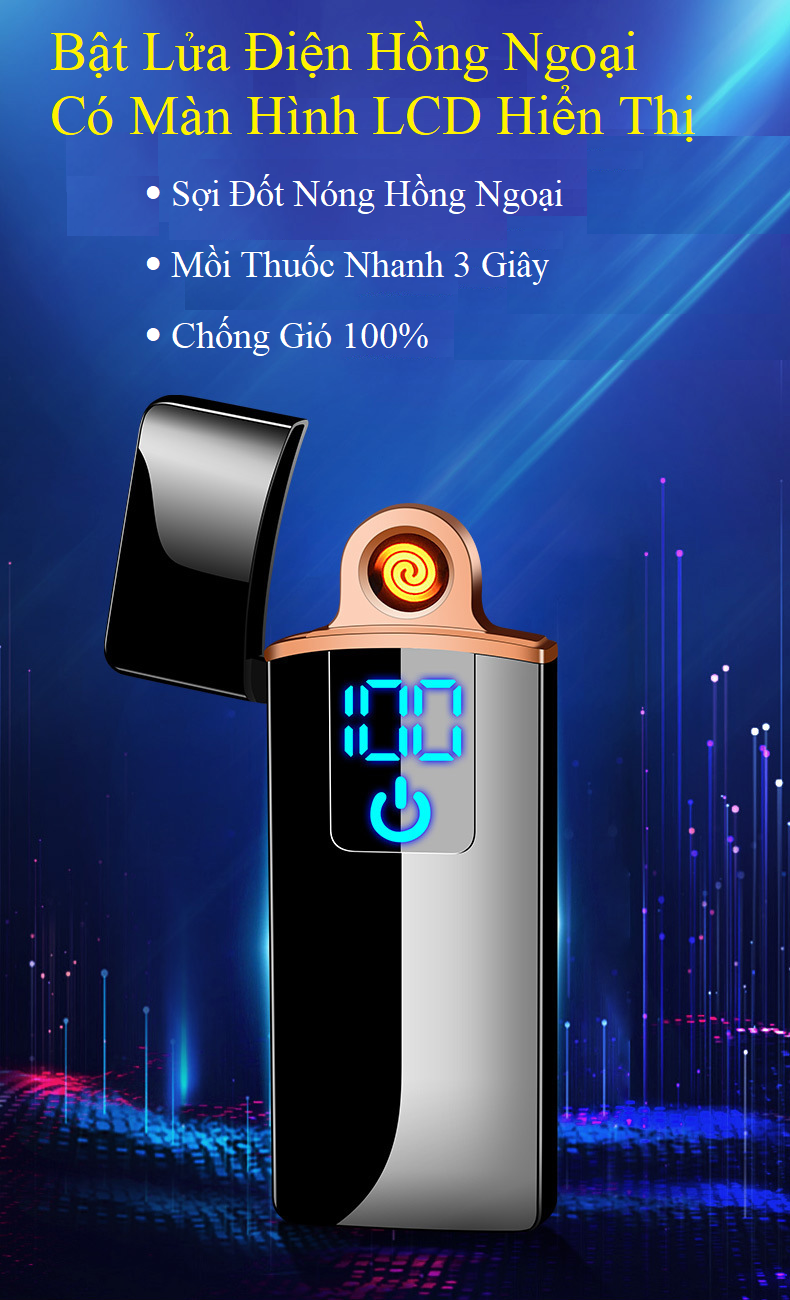 Bật Lửa USB Sạc Điện, Bật Lửa Cảm Biến Vân Tay  Hồng Ngoại Có Màn Hình LCD Báo Thông Số  Siêu Bền, Chống Gió Tốt - Nắng Xuân