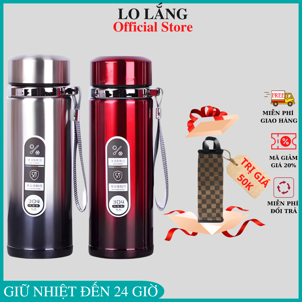 Bình giữ nhiệt 1000ML đựng nước giữ nhiệt inox 304 không gỉ có khay lọc đá và dây treo 2 lớp inox giữ nhiệt nóng lạnh cao cấp
