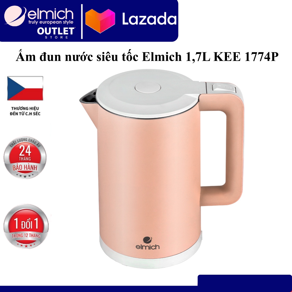 Ấm đun nước siêu tốc Elmich 1,7L KEE 1774 (Mầu Xanh Nhạt, Xanh Đậm, Hồng, Công suất 2.200W, Bảo hành 24 tháng)