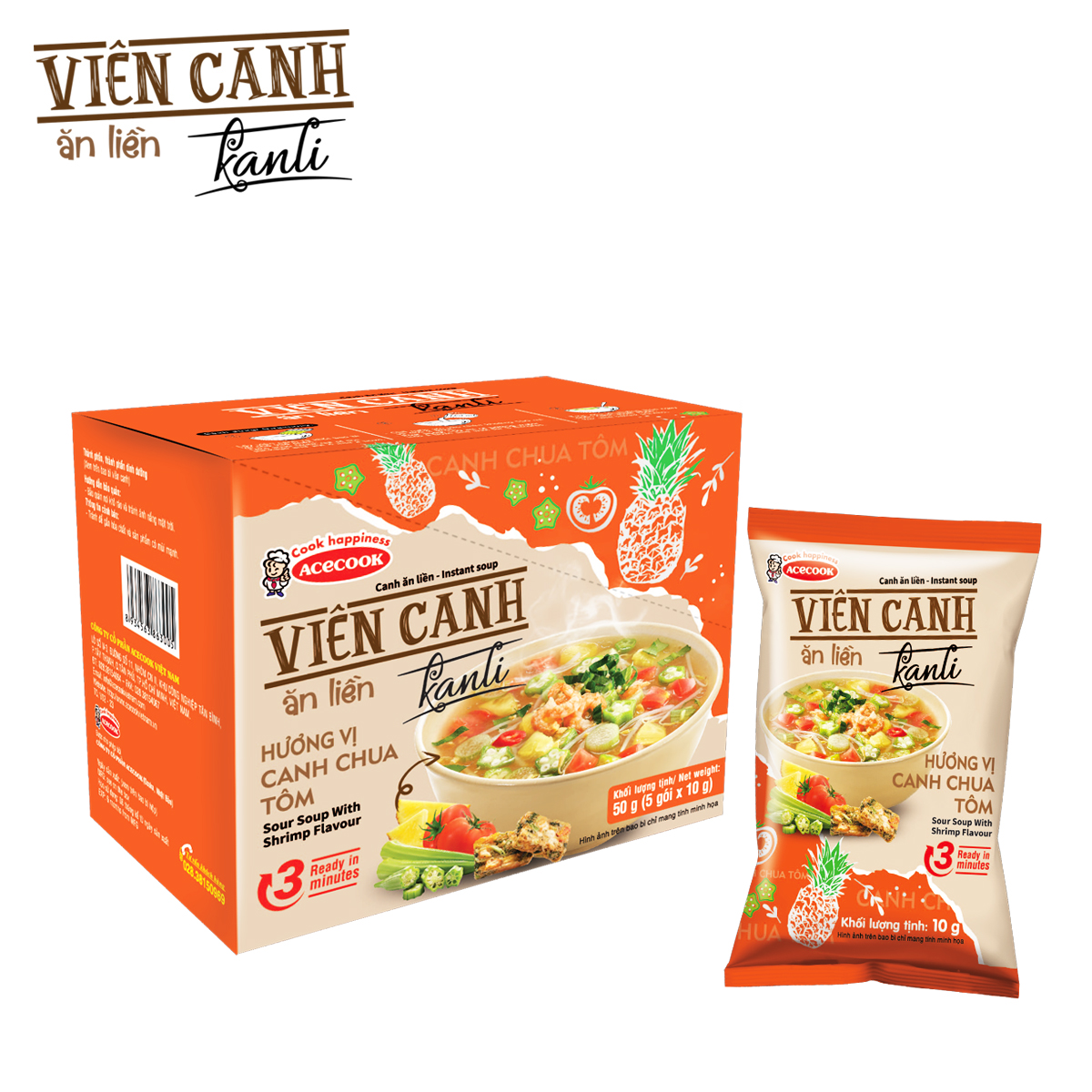 Hộp 5 viên canh ăn liền hương vị canh chua tôm sour soup with shrimp flavour instant soup kanli acecook 50 gram