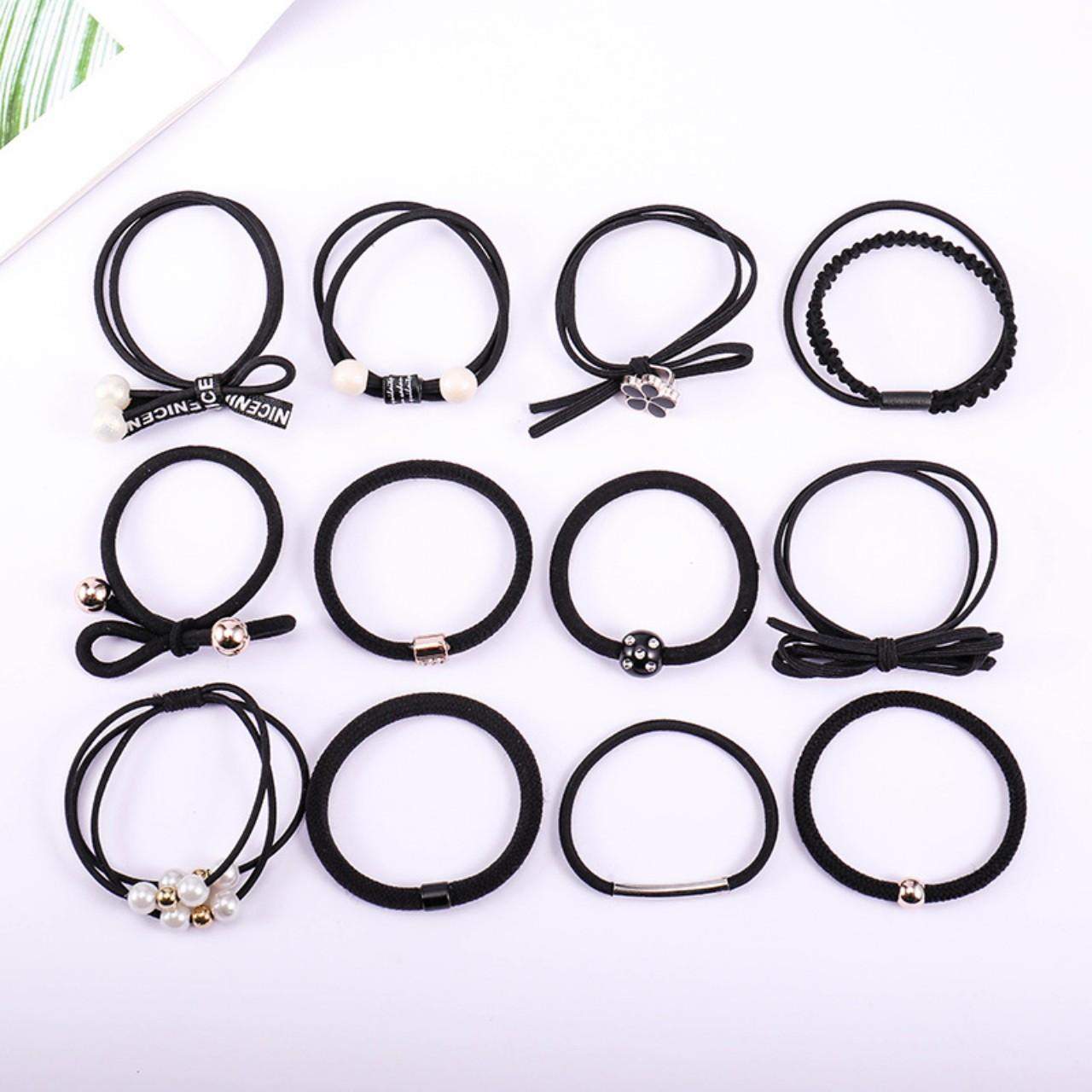 Bộ 12 Dây Buộc Tóc Cột Tóc Hàn Quốc (Màu Đen - Gồm Hộp)