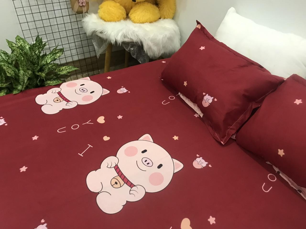 Bộ Ga Gối ( 1 Drap + 2 Vỏ gối nằm ) Poly Đỏ Heo SGG15