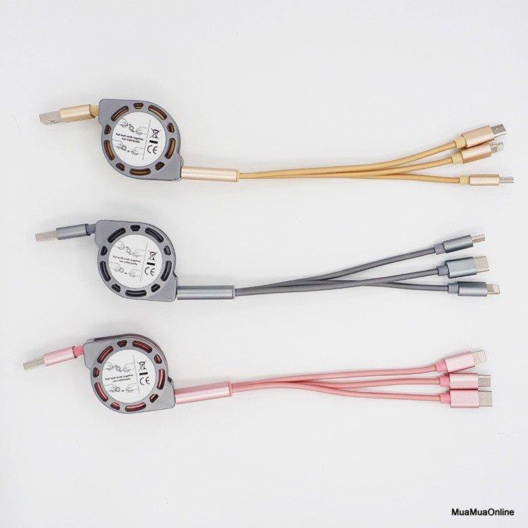 Cáp Sạc 3 Đầu Dây Rút Cổng Lightning, Type-C, Micro Usb Dây Dài 1m Cao Cấp