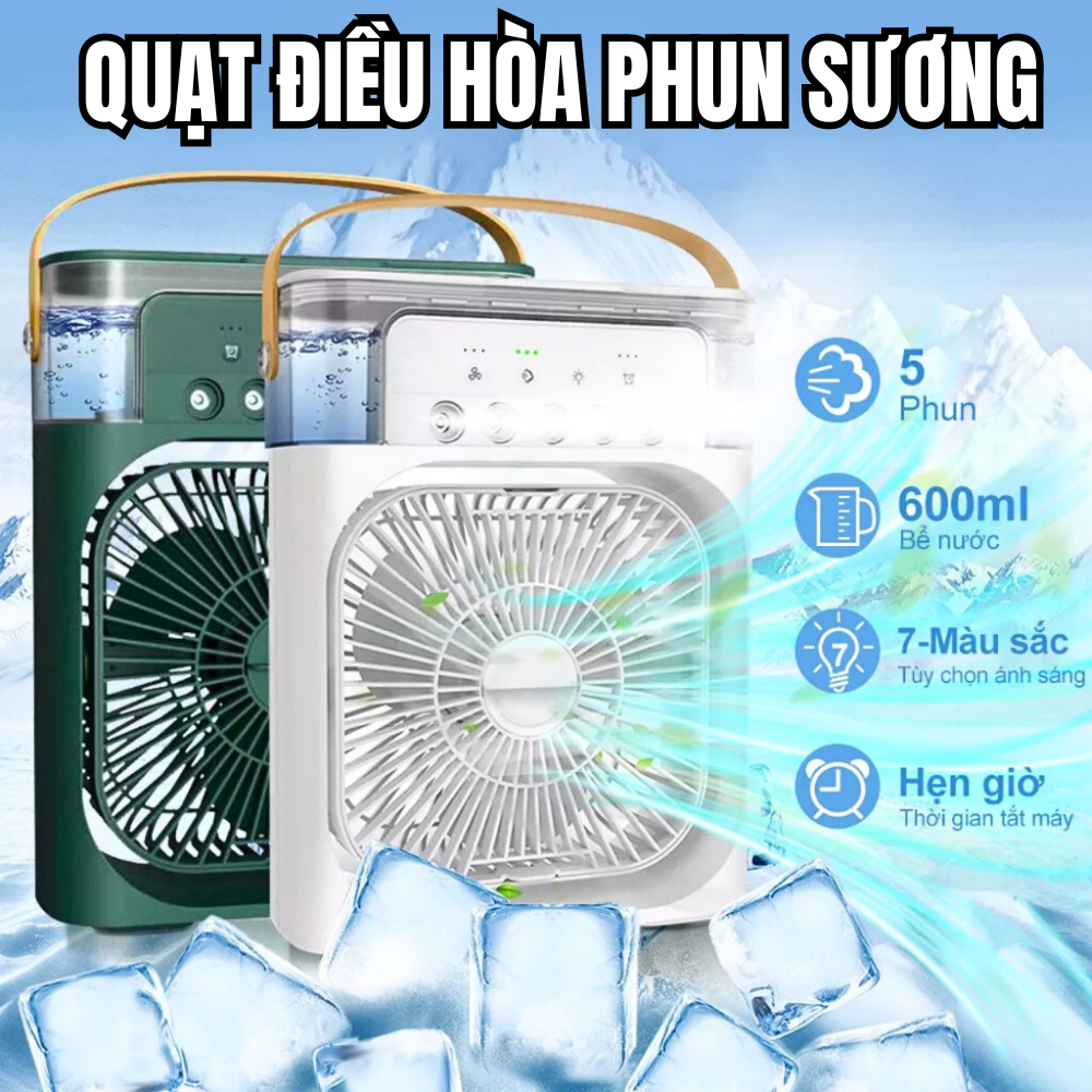 Quạt Phun Sương Mini Làm Mát Không Khí Tích Hợp Đèn Led Thông Minh, Quạt Hơi Nước Mini Điều Hòa Không Khí, Hẹn Giờ Tích Hợp Đèn Ngủ
